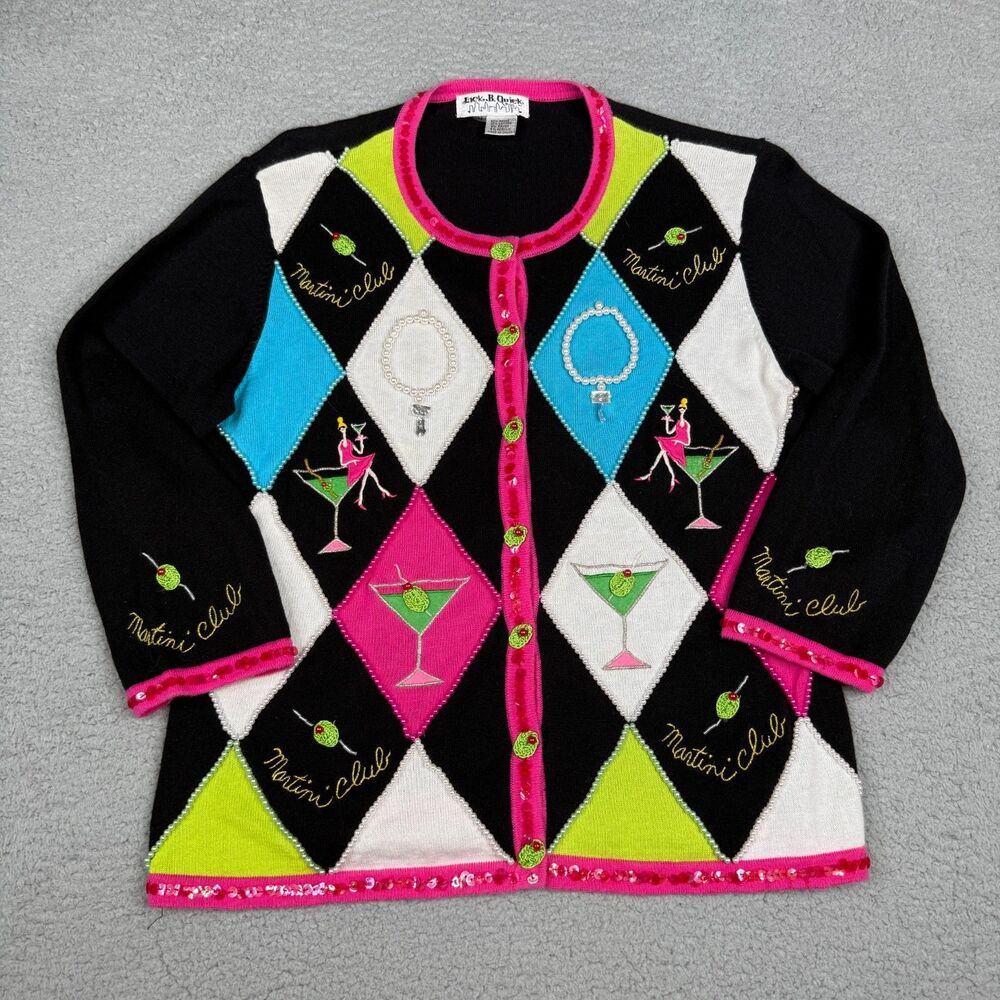 Jack B Quick Martini Club Cardigan Womens M Black Beaded Sequin Cocktail Sweater